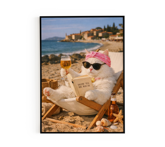 Funny "How To Be Rich" Cat Beach Poster