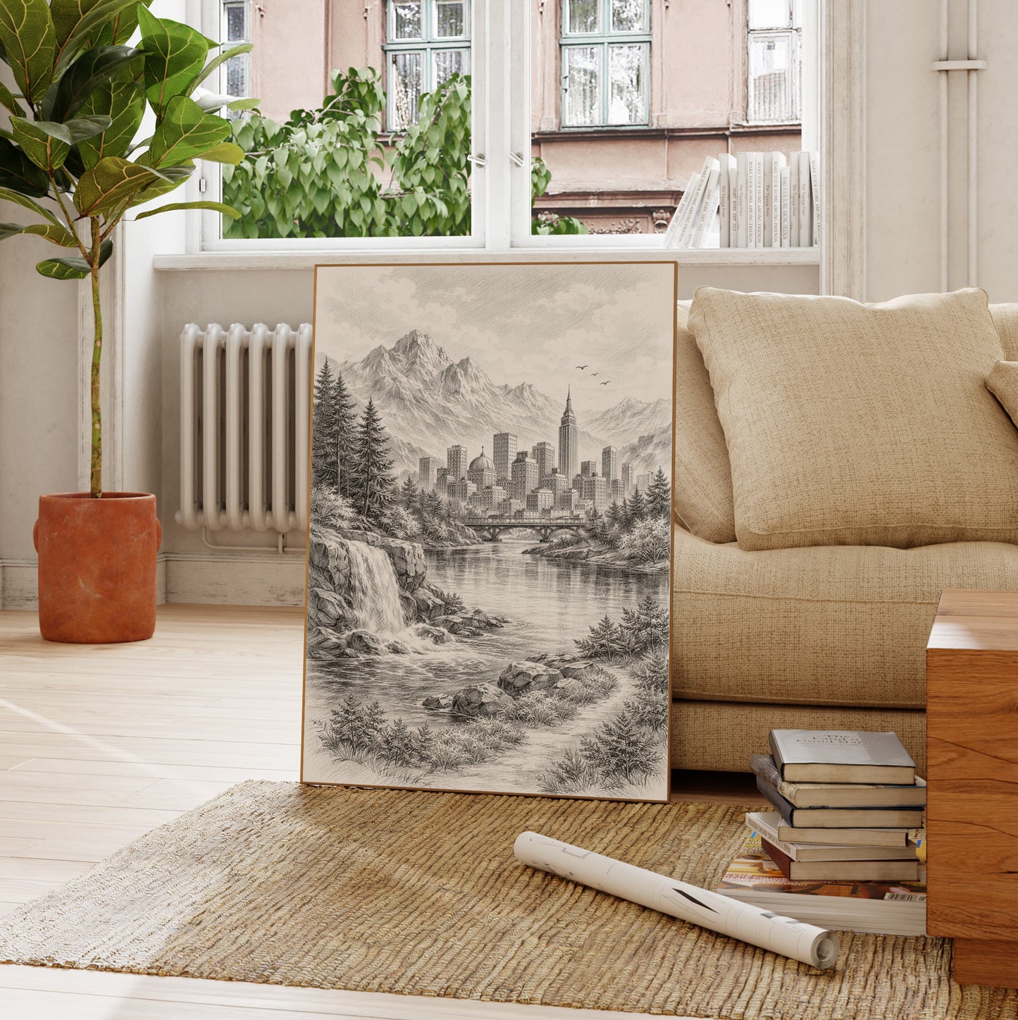 Mountain Cityscape Sketch Wall Art