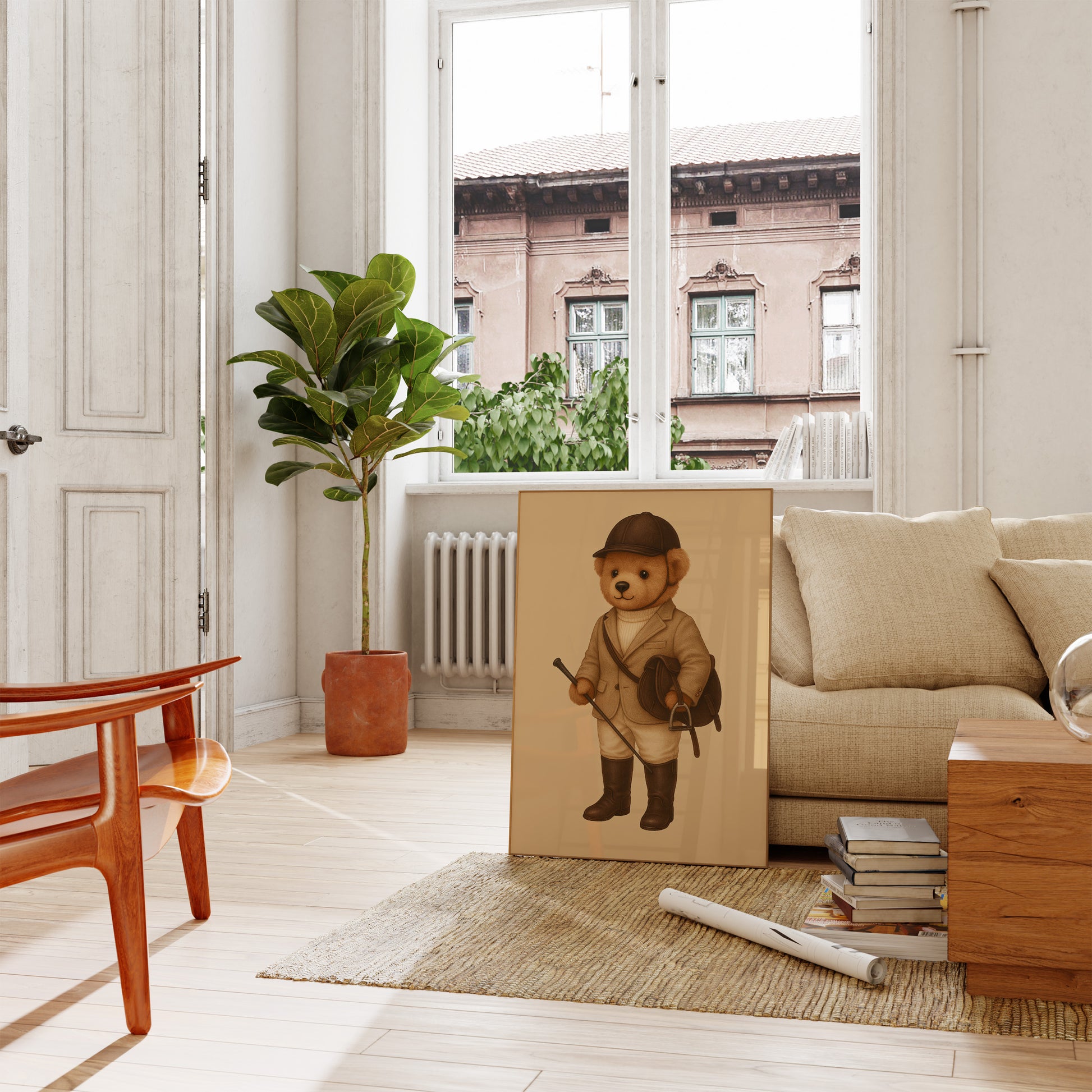 Old Money style bear poster in modern minimalist living room with beige sofa, plant and wood furniture