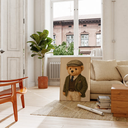 Old Money teddy bear wall art in a bright, minimalist living room with a potted plant