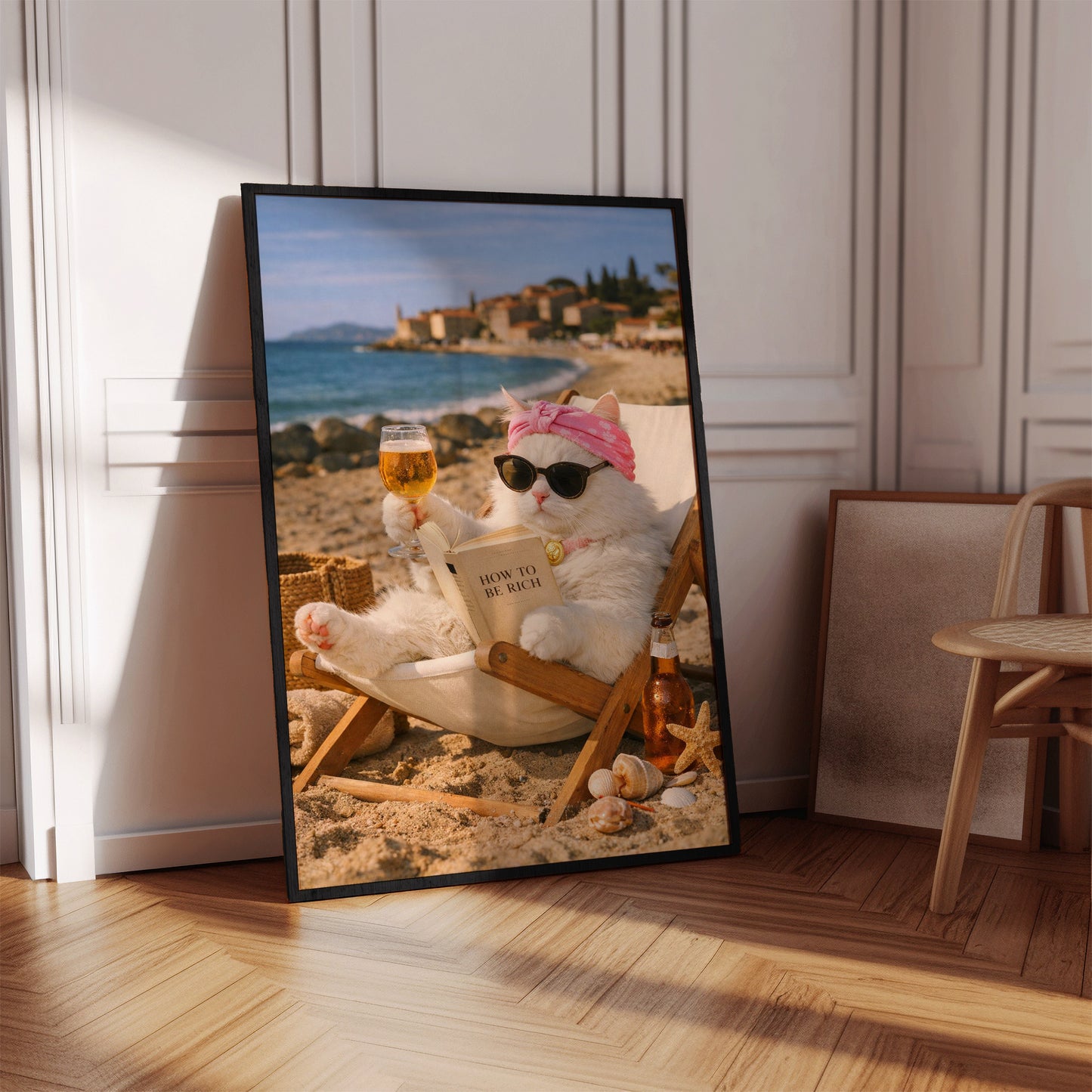 Funny "How To Be Rich" Cat Beach Poster