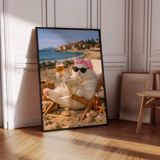 Funny "How To Be Rich" Cat Beach Poster