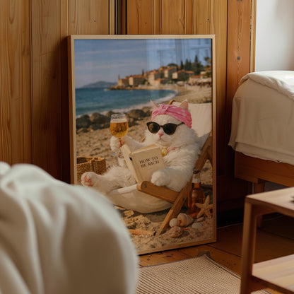 Funny "How To Be Rich" Cat Beach Poster
