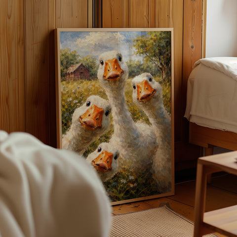 Curious White Geese Portrait Poster
