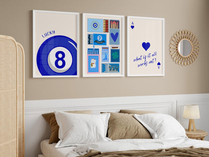 Vintage Blue Matchbox “Lucky You” Set of 3 — Digital Poster (B132)