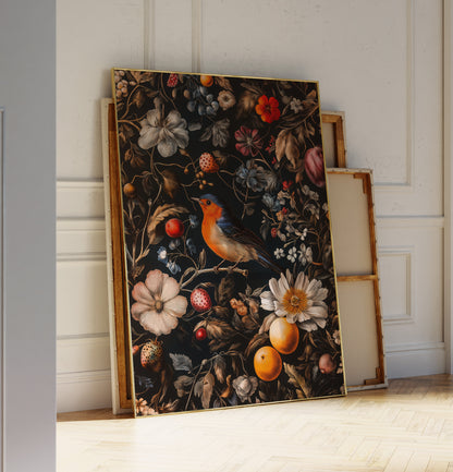 Colourful Vintage Botanical Bird & Fruit Print