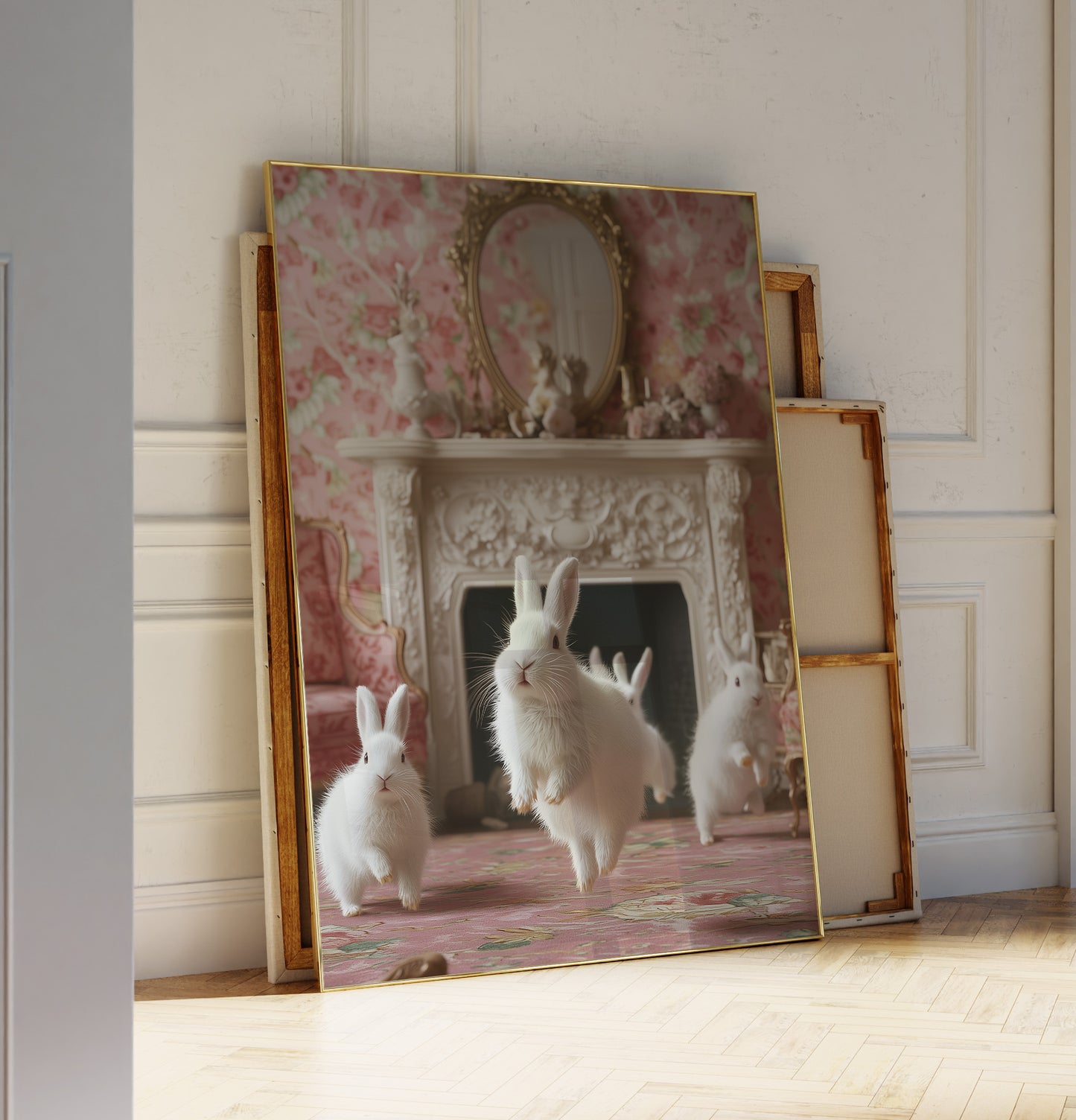 Decorative print of rabbits with floral wallpaper in a room.