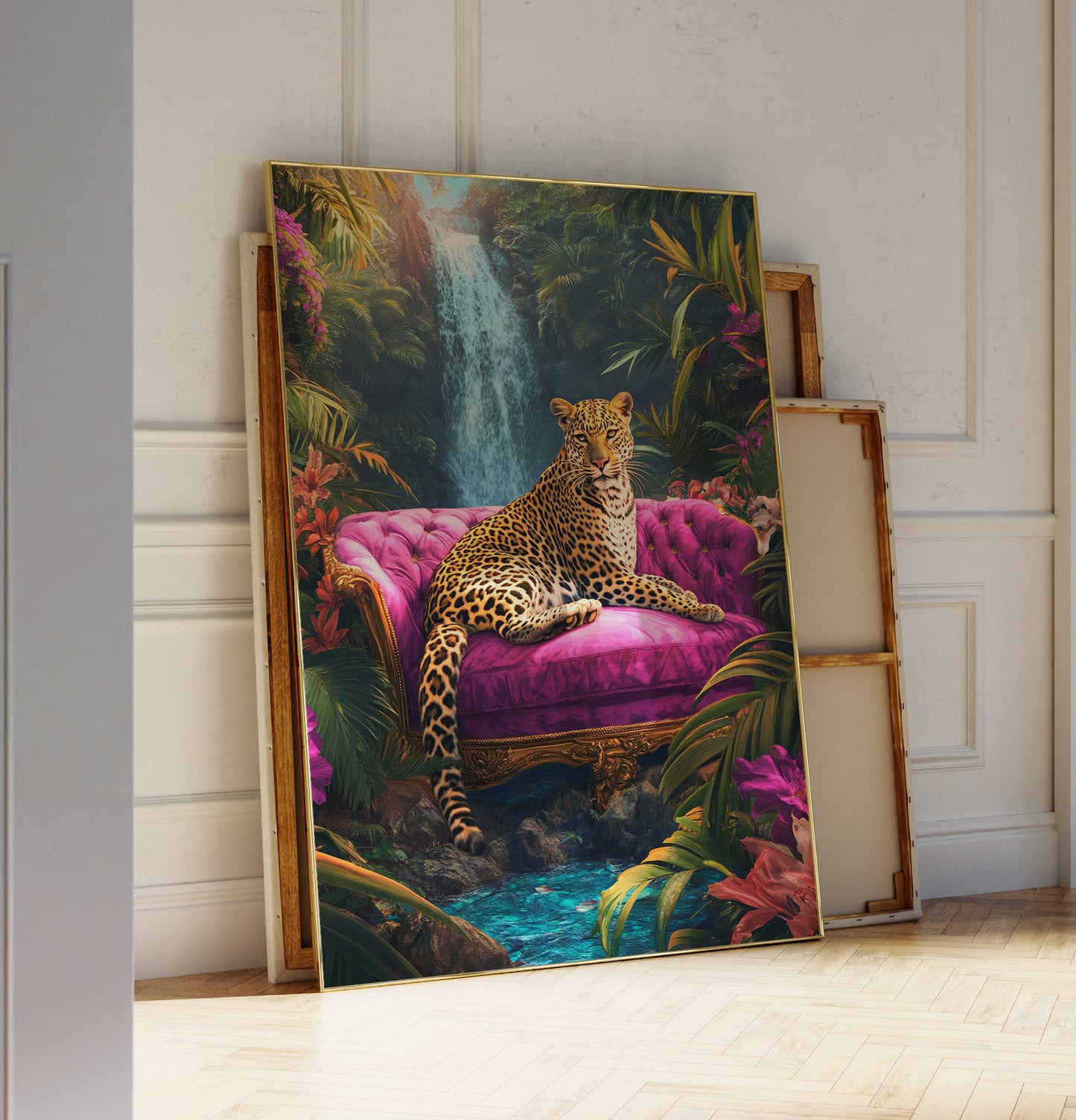 Decorative painting of a leopard on a pink couch with a jungle background