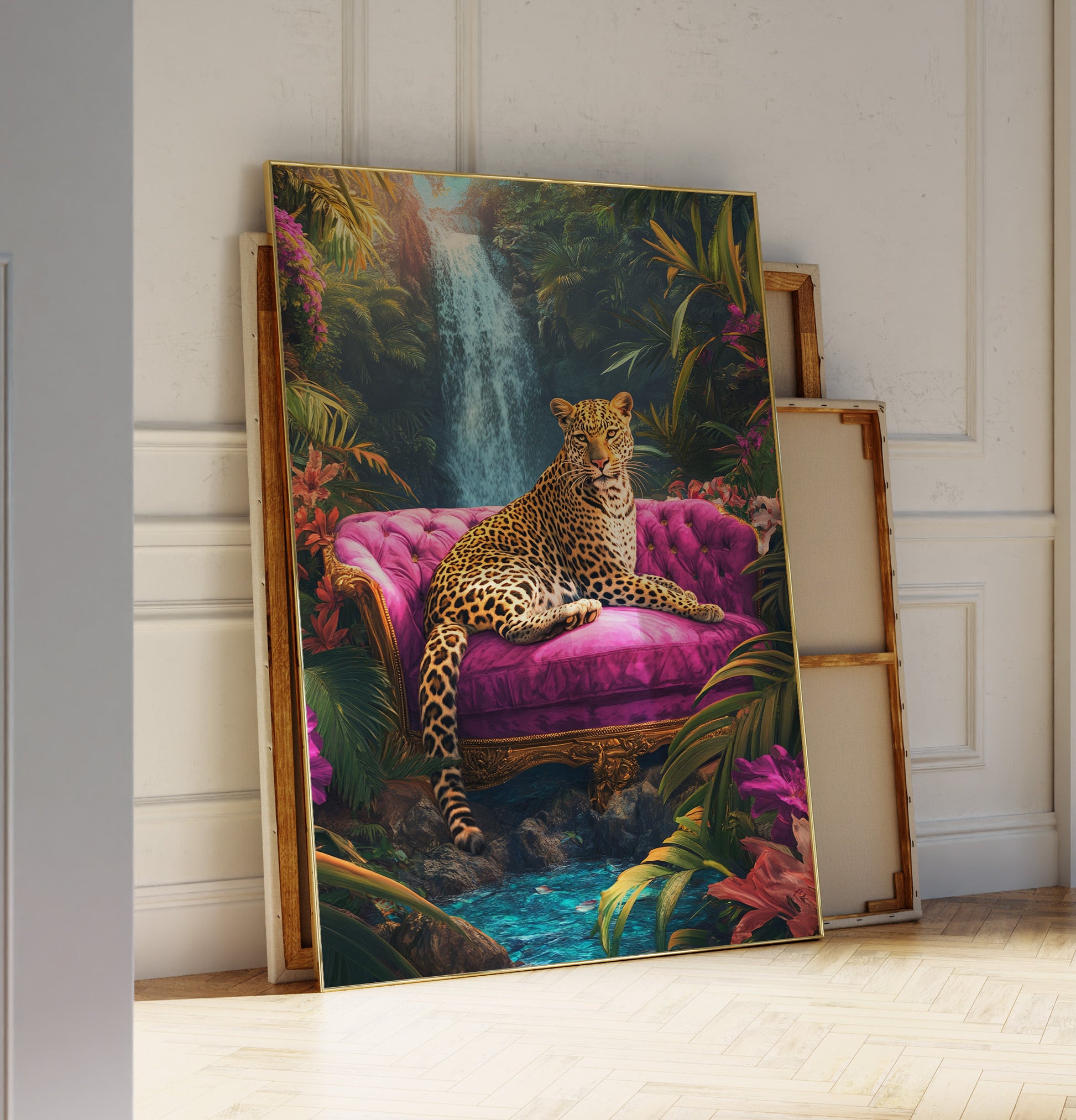 Decorative painting of a leopard on a pink couch with a jungle background