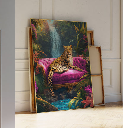 Decorative painting of a leopard on a pink couch with a jungle background