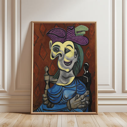 Framed artwork of a stylized figure with a purple hat on a wooden floor.