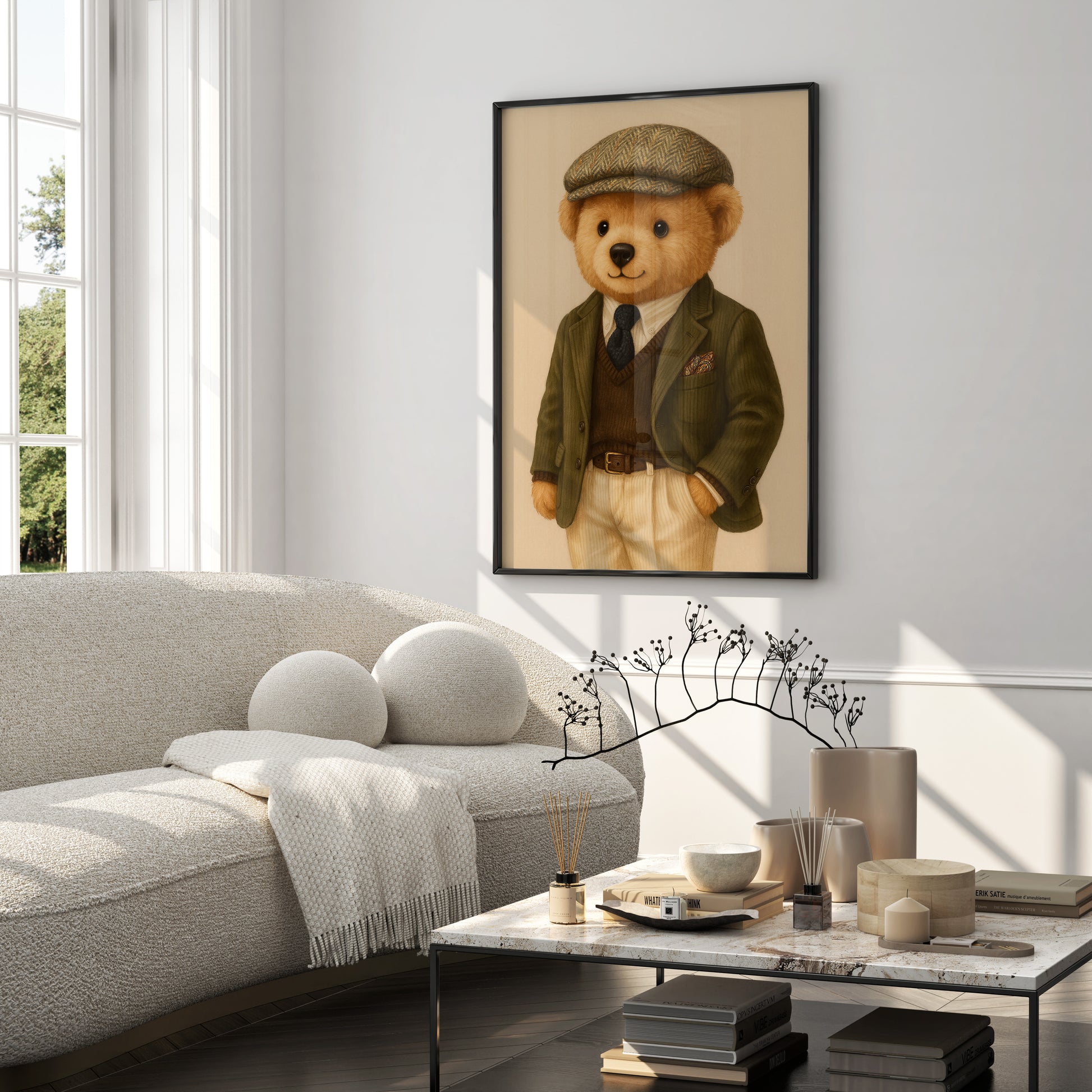 Old Money teddy bear art print in chic minimalist living room with cozy sofa and modern decor