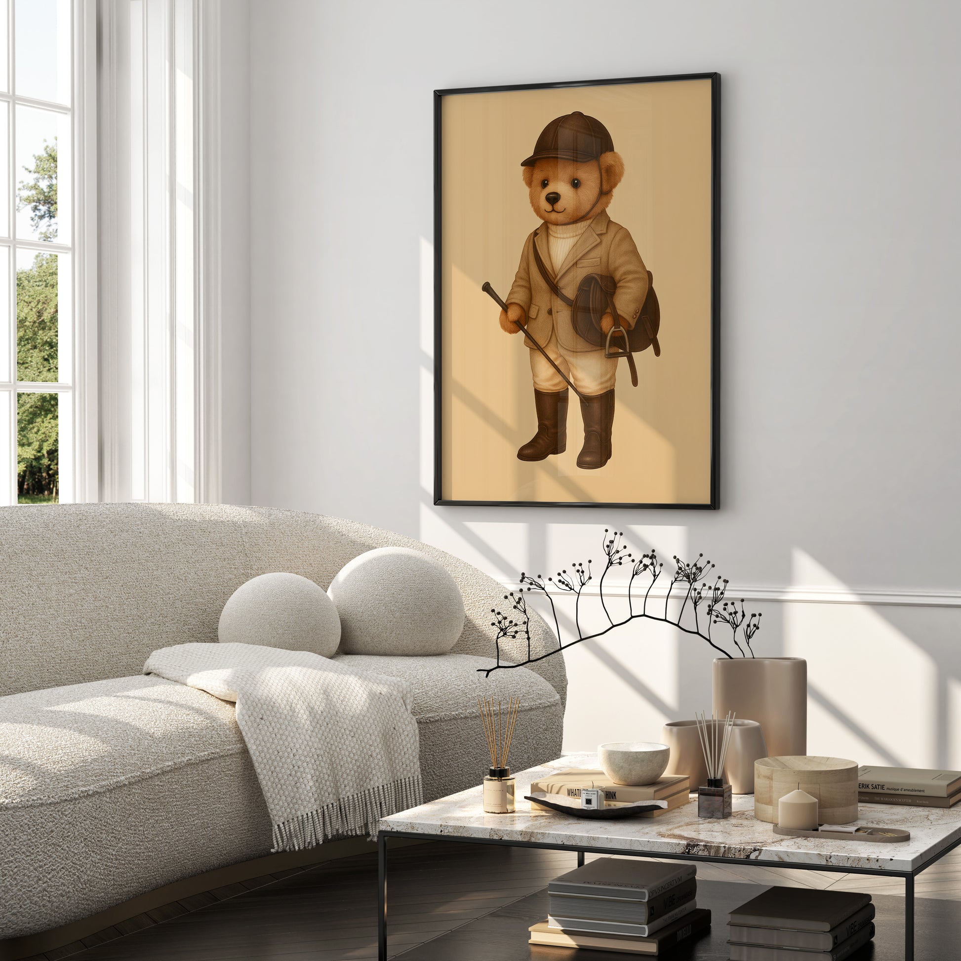 Old Money style teddy bear equestrian poster in modern minimalist living room