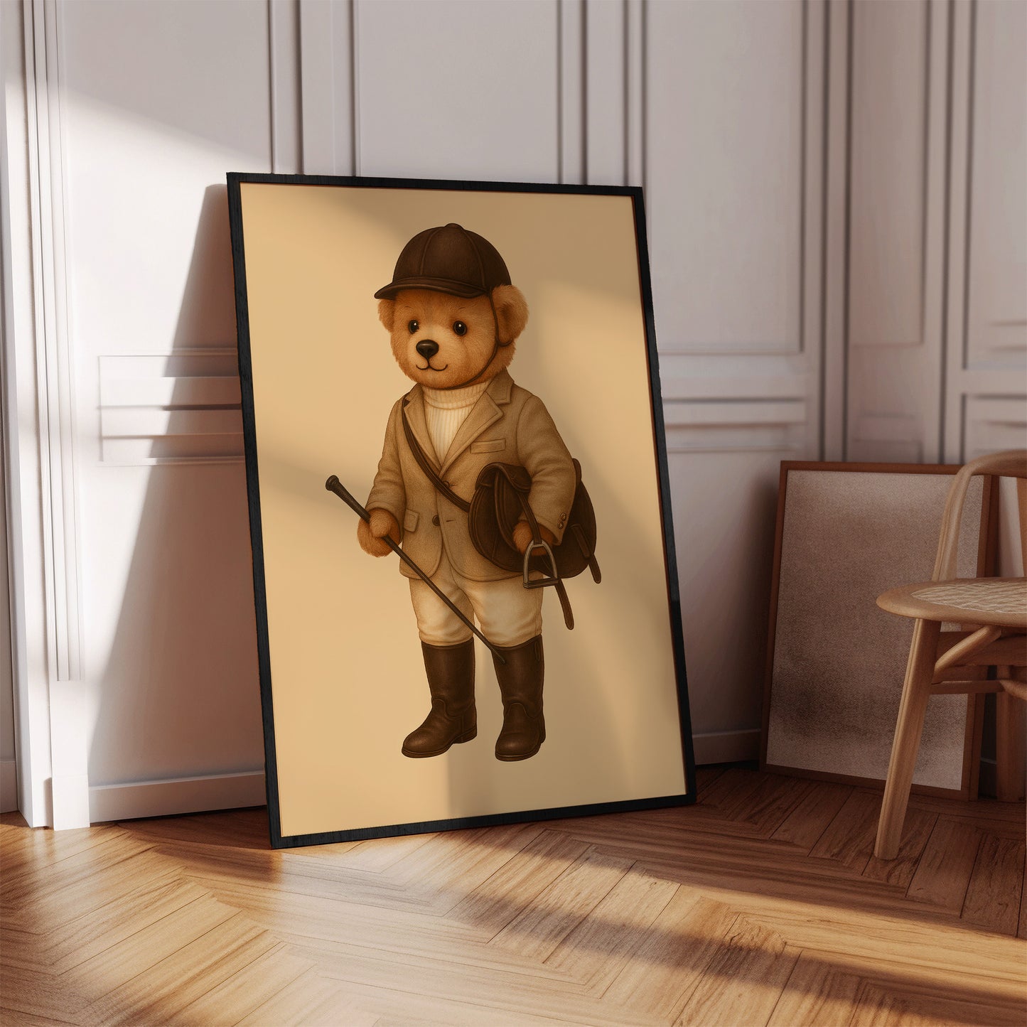 Cute teddy bear dressed as an equestrian in vintage style, poster art in elegant room