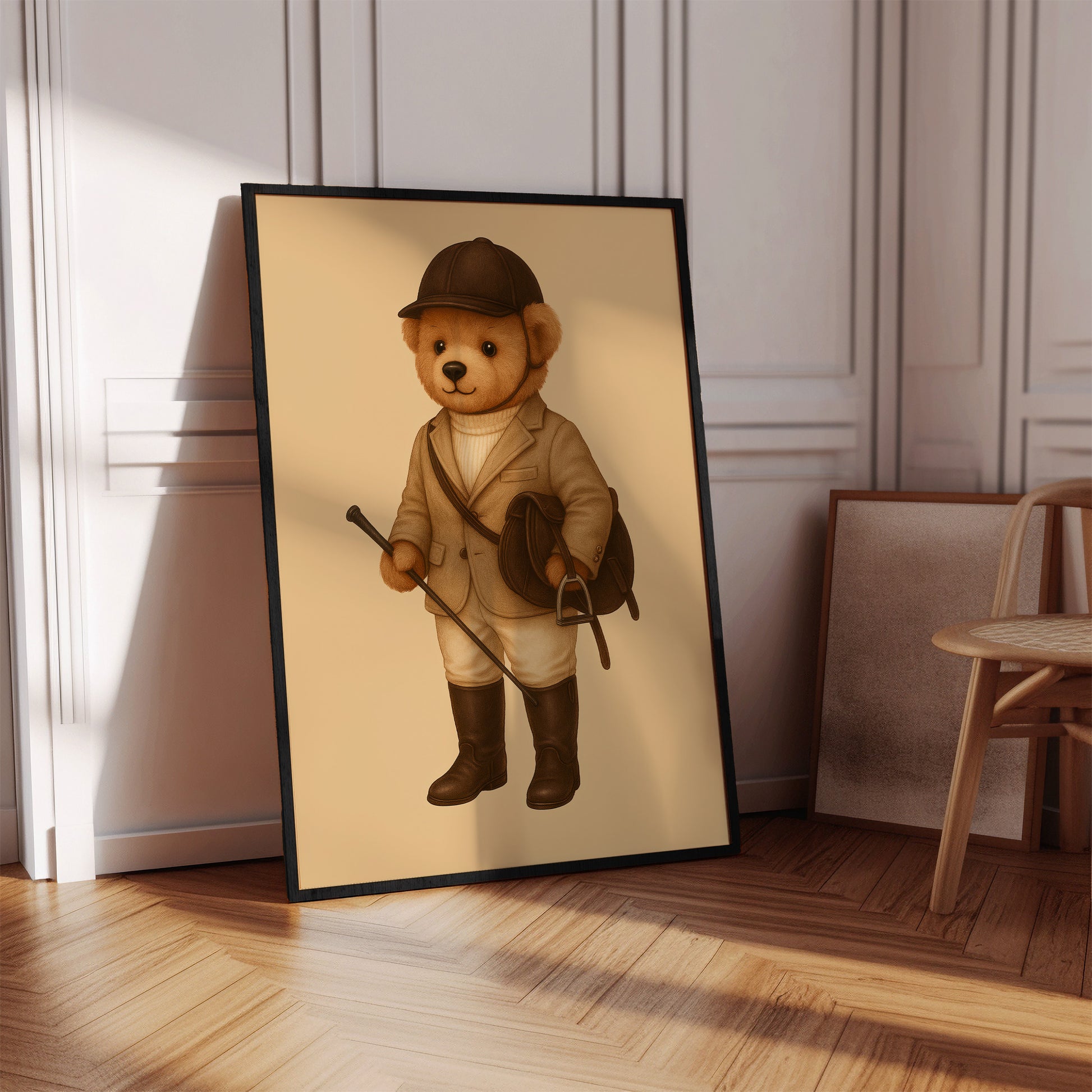 Cute teddy bear dressed as an equestrian in vintage style, poster art in elegant room