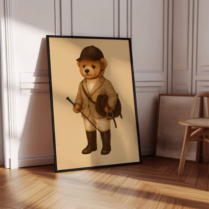 Cute teddy bear dressed as an equestrian in vintage style, poster art in elegant room