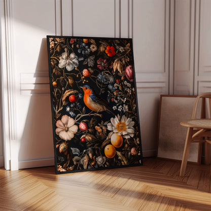 Colourful Vintage Botanical Bird & Fruit Print