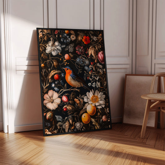 Colourful Vintage Botanical Bird & Fruit Print