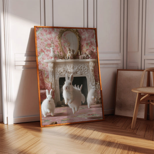 Decorative poster with floral and rabbit design in a room with wooden floor and chair.