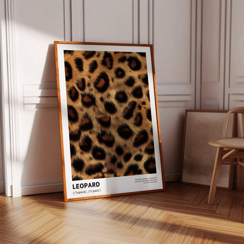 Framed poster with leopard print design on a wooden floor.