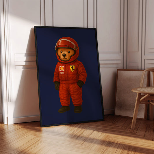 Red Racing Teddy Bear Poster - Formula Nursery Art