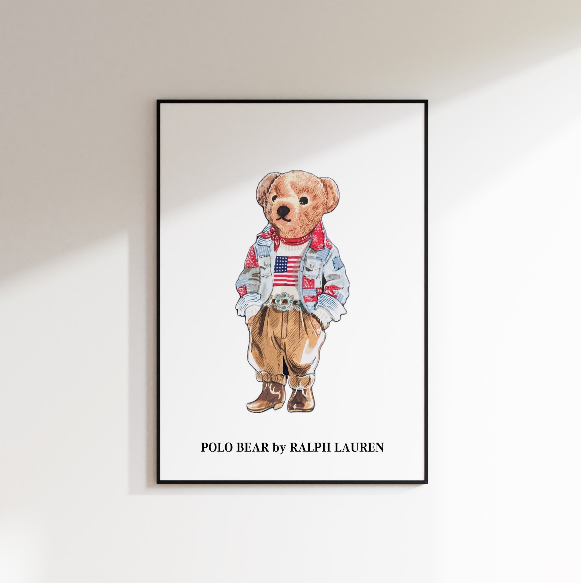 Framed artwork of a teddy bear wearing a jacket with an American flag design, labeled.