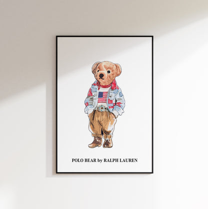 Framed artwork of a teddy bear wearing a jacket with an American flag design, labeled.