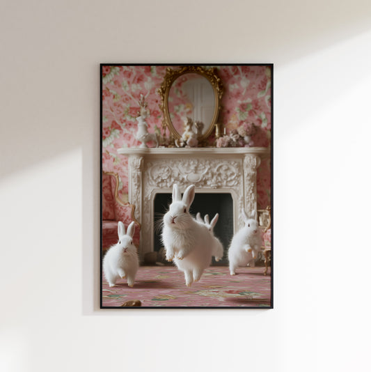 Framed artwork of rabbits in a room with floral wallpaper and a fireplace.