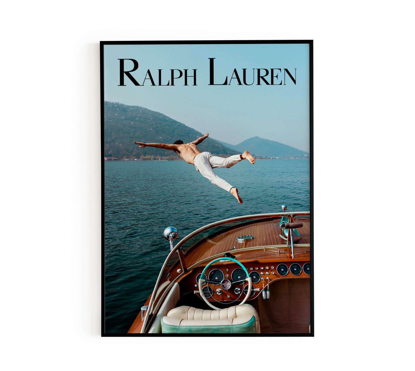 Elegant wall art poster featuring a man diving off a vintage boat into a serene lake
