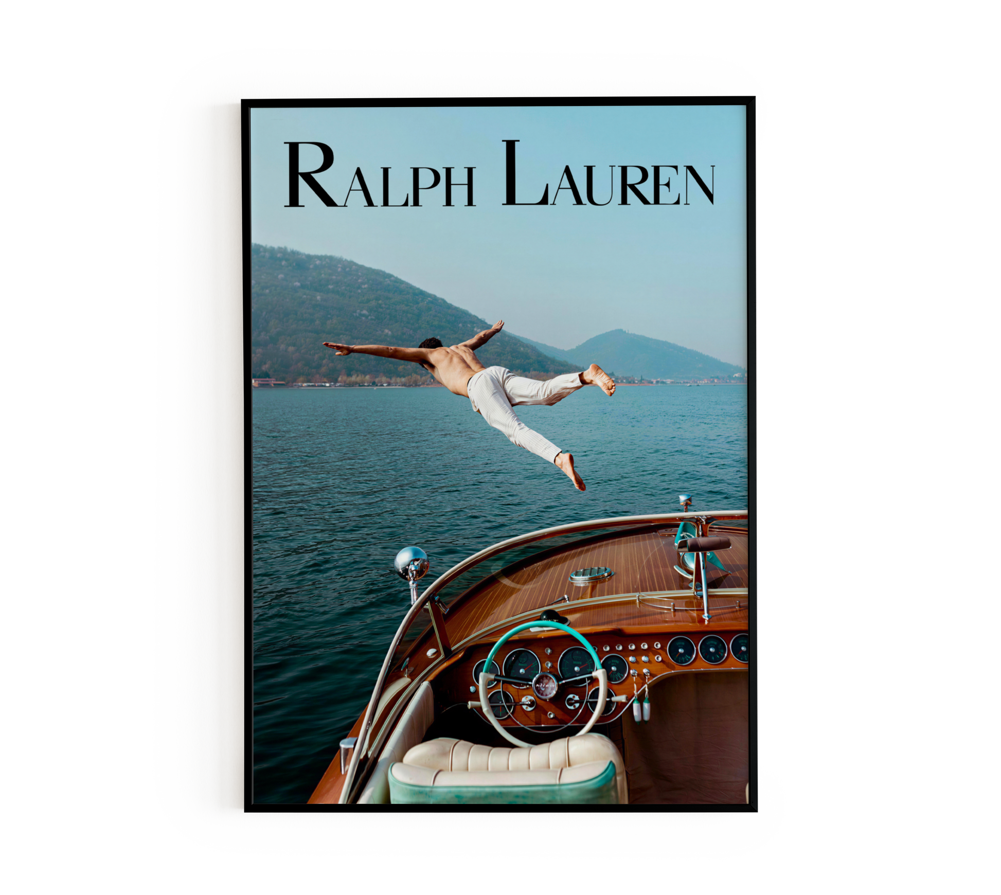Elegant wall art poster featuring a man diving off a vintage boat into a serene lake