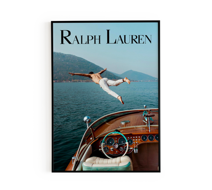Elegant wall art poster featuring a man diving off a vintage boat into a serene lake