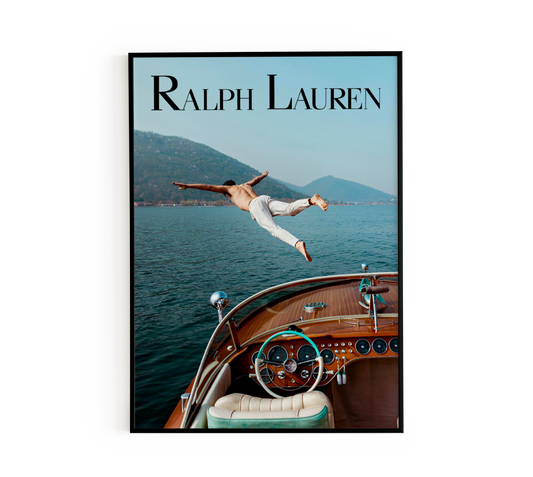 Elegant wall art poster featuring a man diving off a vintage boat into a serene lake