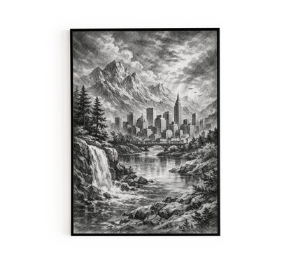 Graphite Mountain Metropolis Sketch Wall Art