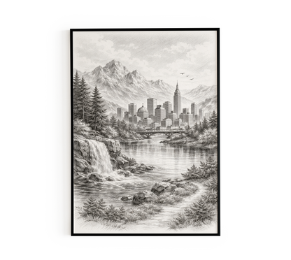Mountain Cityscape Sketch Wall Art