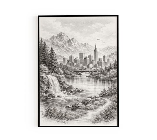 Mountain Cityscape Sketch Wall Art