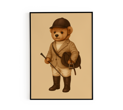 Framed poster of a teddy bear dressed in equestrian attire, old money aesthetic wall art