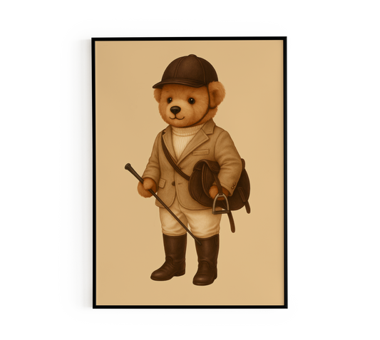 Framed poster of a teddy bear dressed in equestrian attire, old money aesthetic wall art