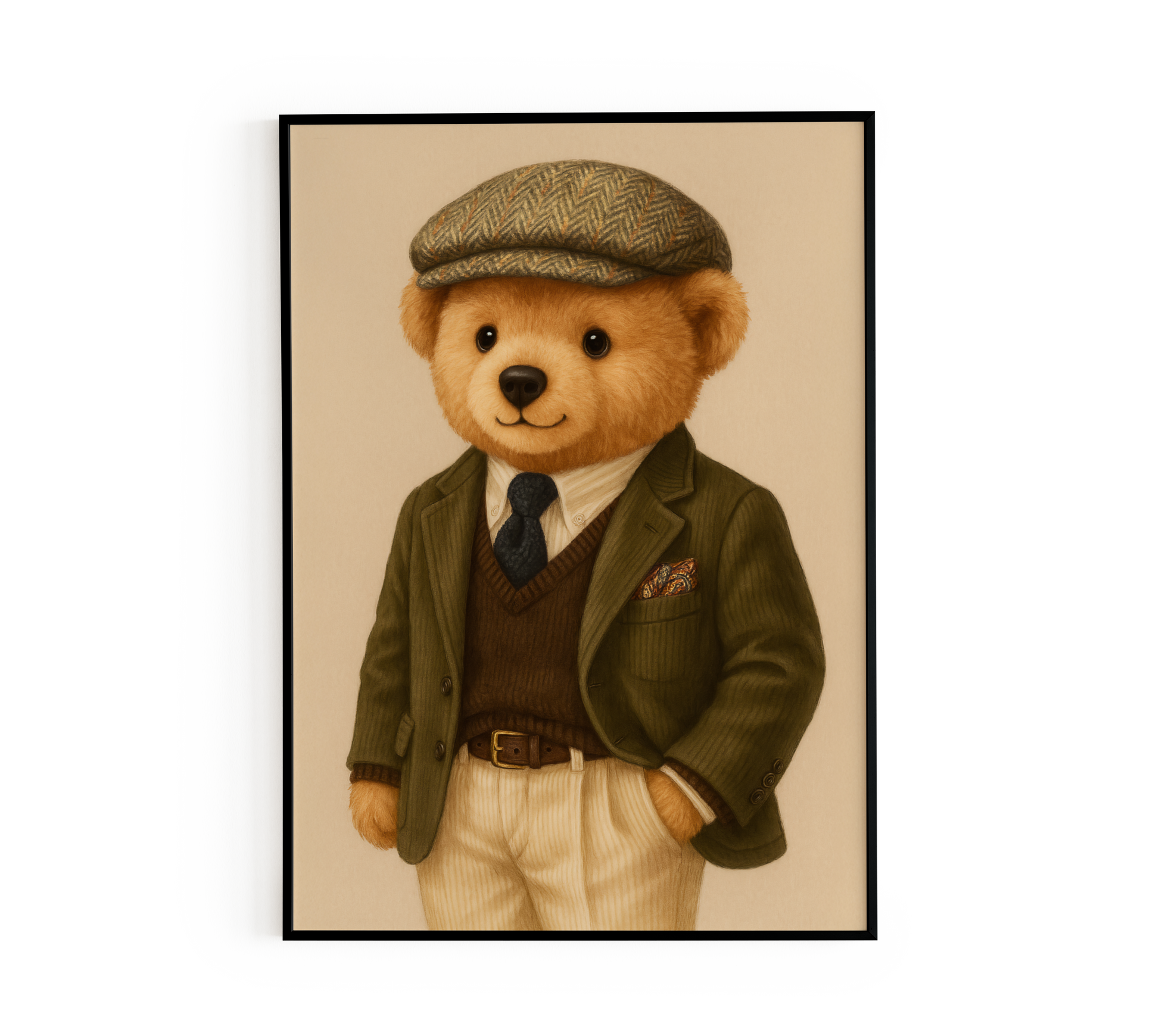 Poster of a teddy bear in old money style with tweed cap, blazer, tie, and sweater vest