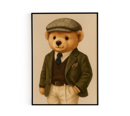 Poster of a teddy bear in old money style with tweed cap, blazer, tie, and sweater vest