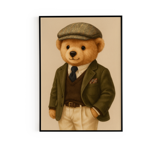 Poster of a teddy bear in old money style with tweed cap, blazer, tie, and sweater vest