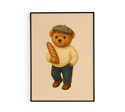 French Teddy Bear with Baguette Poster