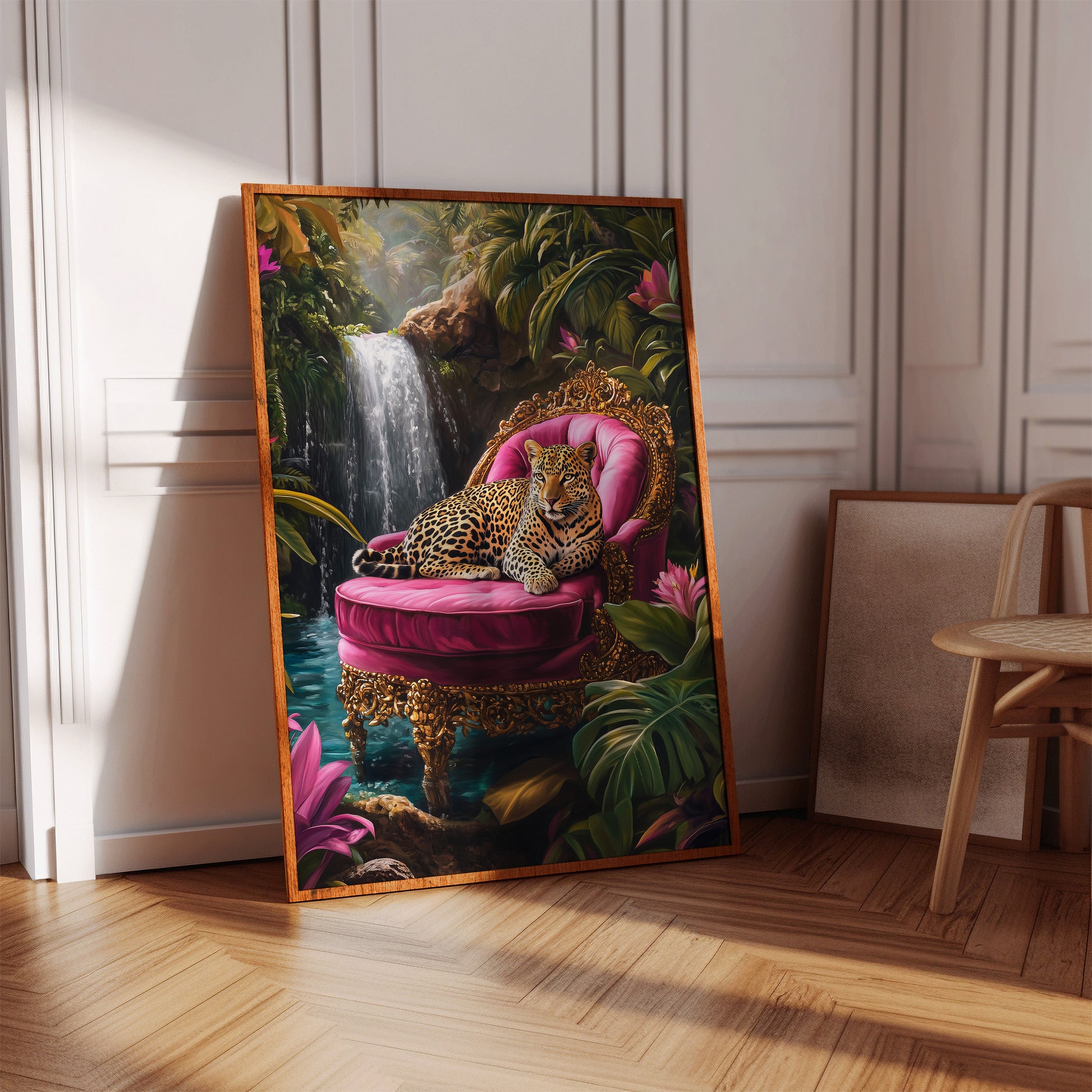 leopard jungle poster — leopard on a pink velvet armchair in tropical forest with waterfall