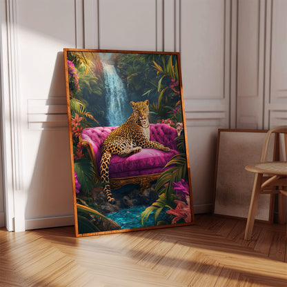 Framed artwork of a leopard on a pink couch with a jungle scene, leaning against a white wall.