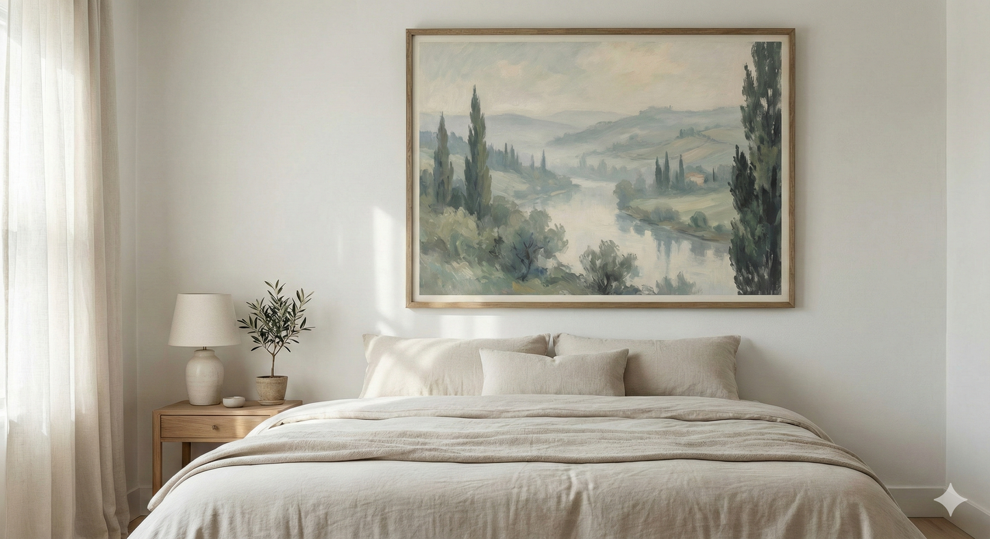 Bedroom with a large landscape painting above the bed