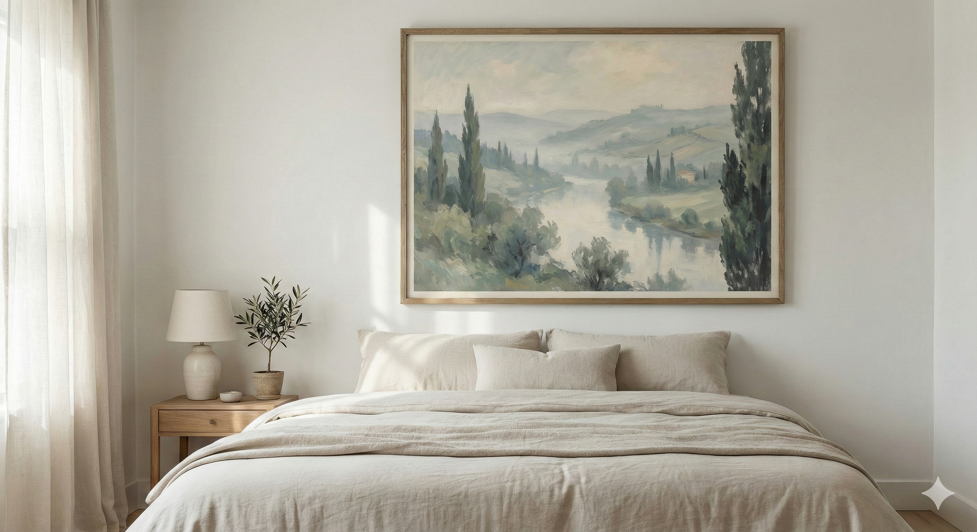 Bedroom with a large landscape painting above the bed