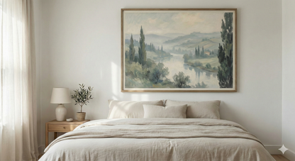 Bedroom with a large landscape painting above the bed