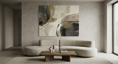 Modern living room with a beige sofa, wooden coffee table, and abstract painting on the wall.