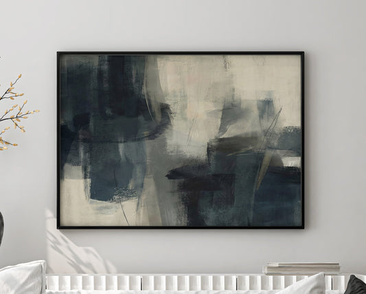 Living room with a white sofa, decorative pillows, a coffee table, and abstract art on the wall.