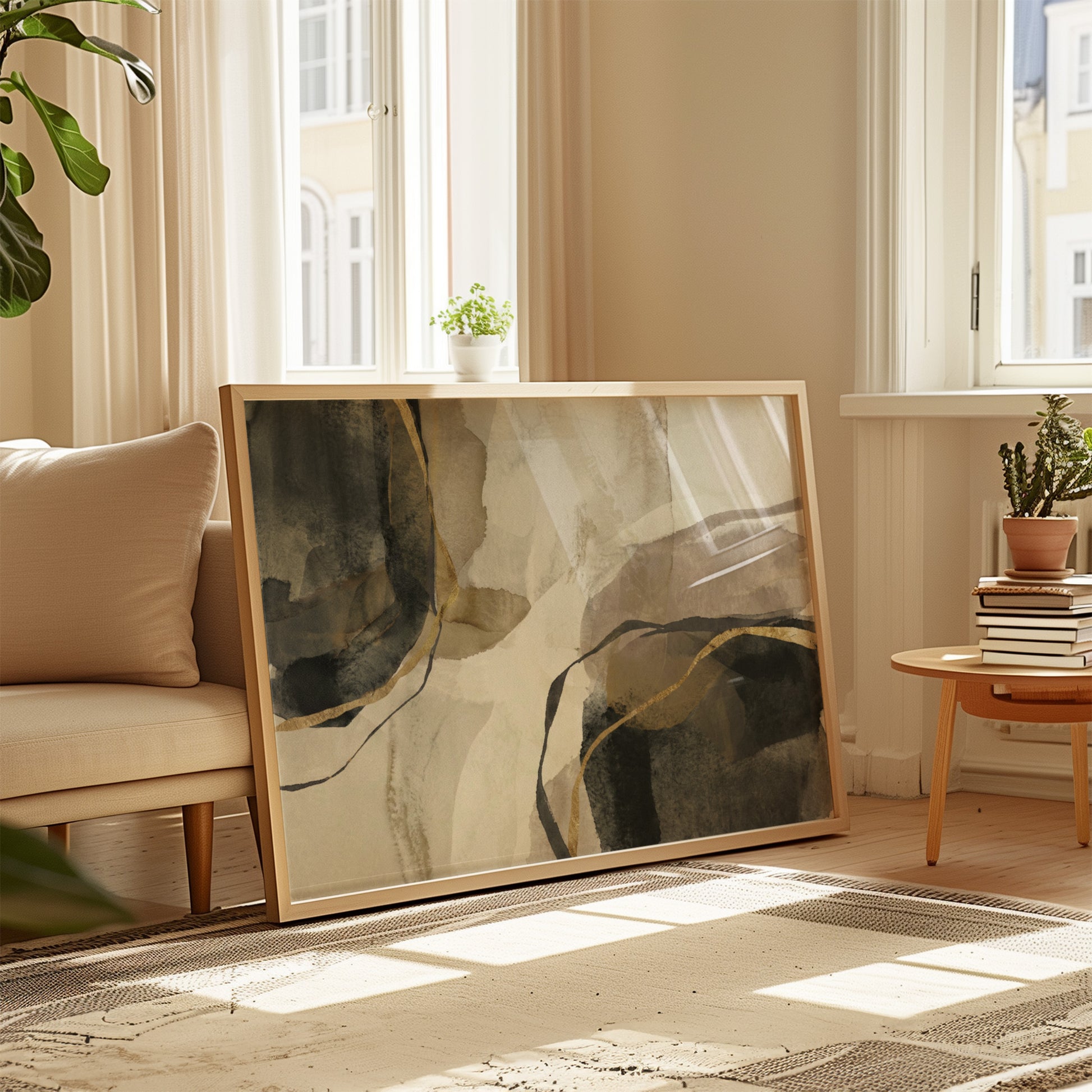 Abstract art piece in a living room with natural light