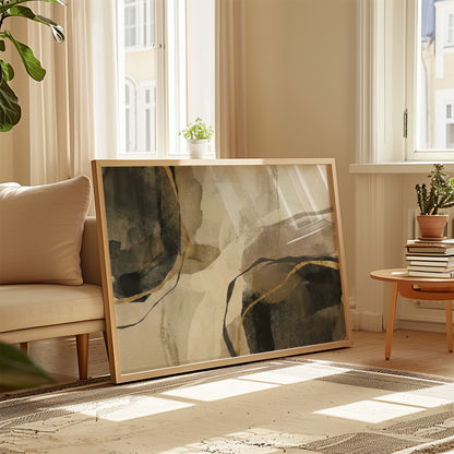 Abstract art piece in a living room with natural light